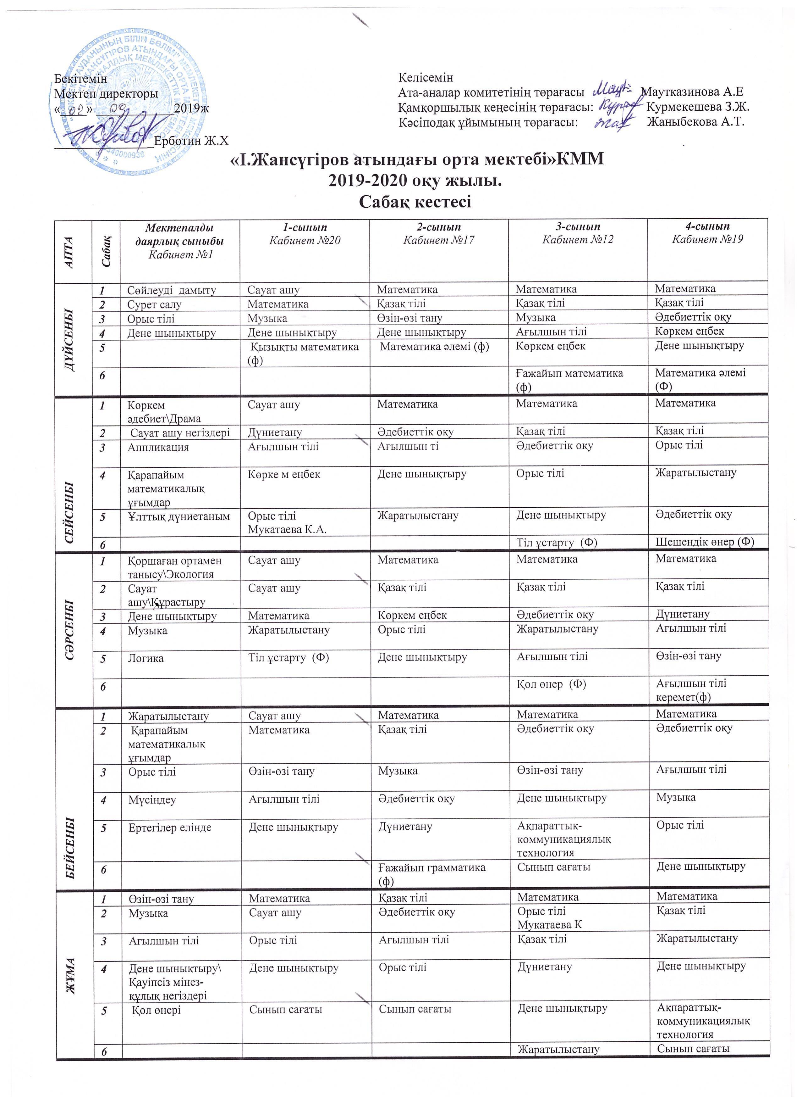 Сабақ кестесі 2019-2020