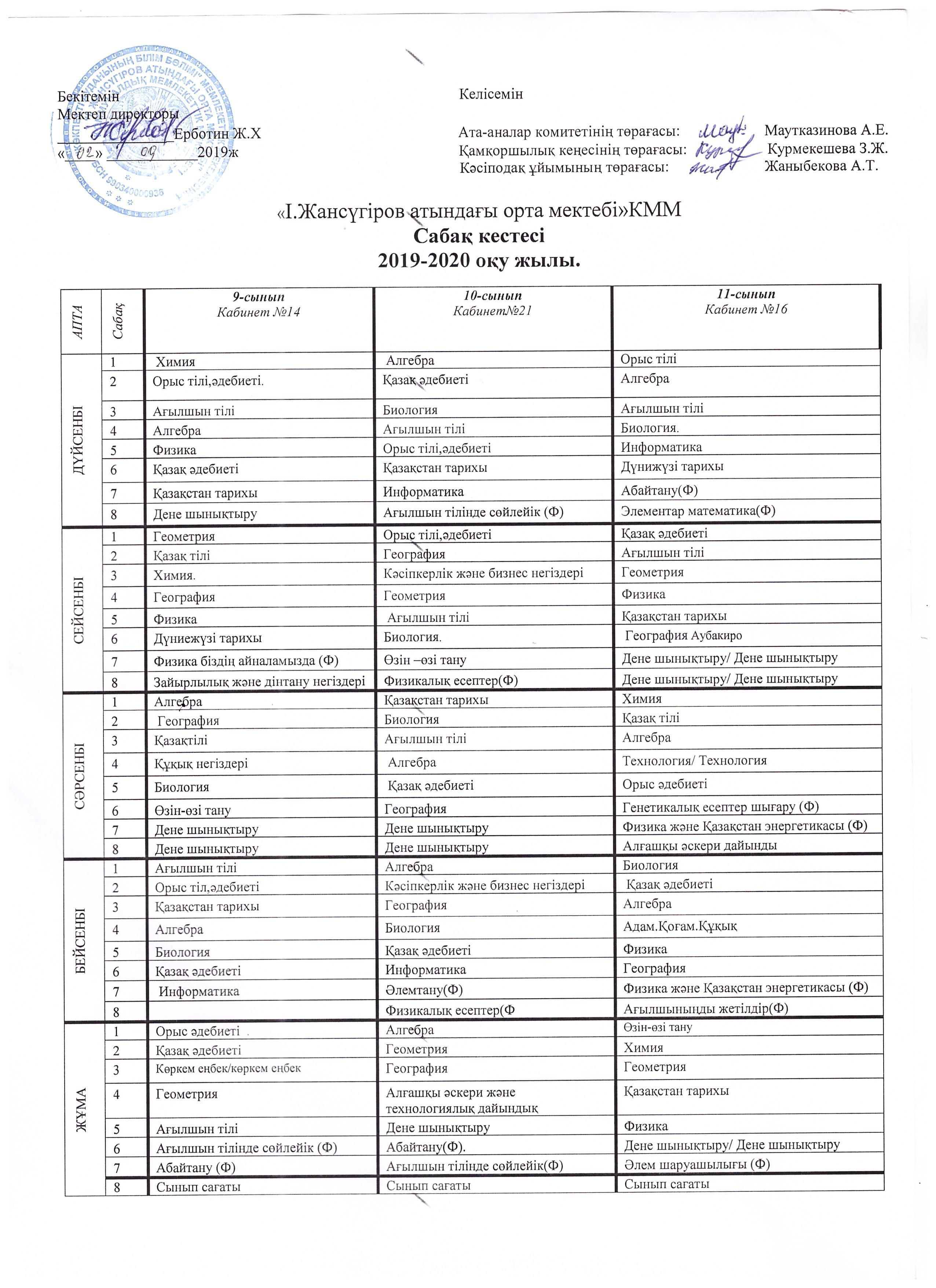 сабақ кестесі 2019 -2020 оқу жылы
