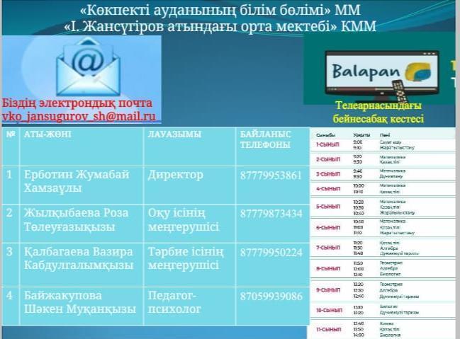 "І.Жансүгіров атындағы орта мектебі" КММ Balapan телеарнасындағы бейнесабақ кестесі