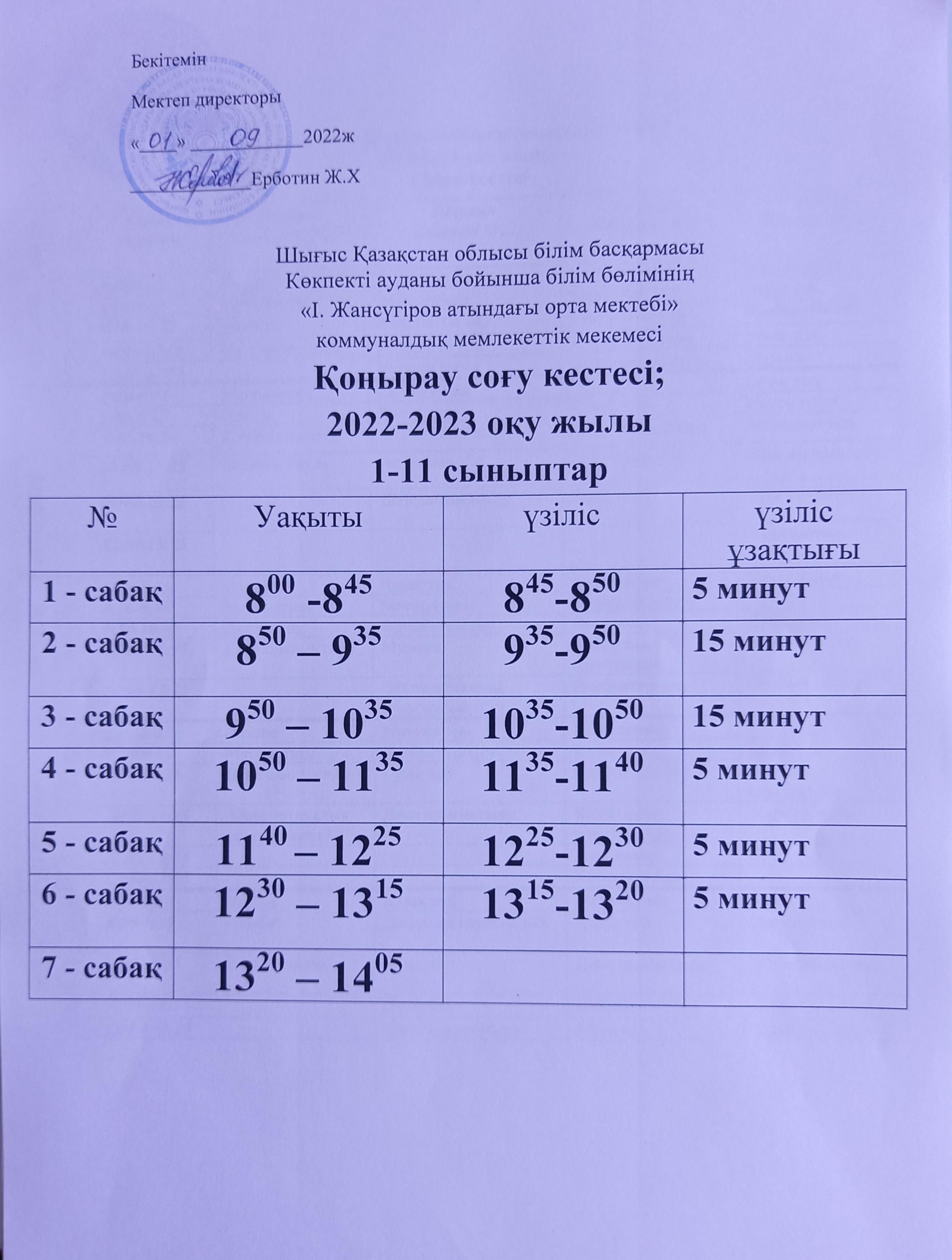 Қоңырау соғу кестесі 2022-2023 оқу жылы